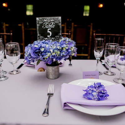 table decor, blue hydrangea centerpiece, purple and silver wedding colors, spruce mountain ranch colorado room reception, colorado wedding inspiration, mountain wedding planner
