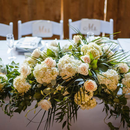 piney river ranch wedding reception, head table, floral decor, mr and mrs chair signs, mountain wedding inspiration, vail wedding planners, beaver creek wedding planning