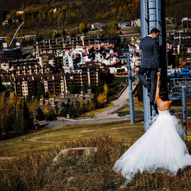 bride and groom on chairlift vail mountain, colorado wedding inspiration, mountain wedding planning, destination wedding planner, sweetly paired