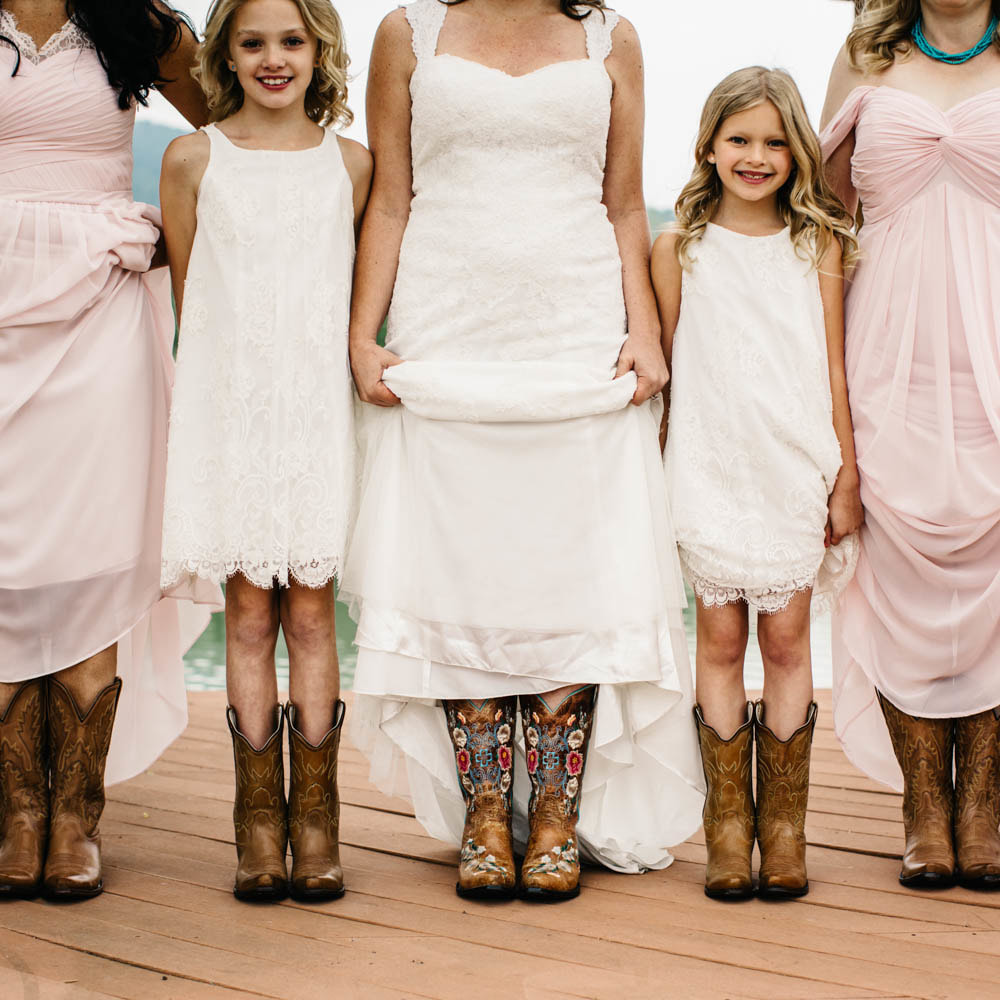 Wedding party photos, spruce mountain ranch wedding planner, summer wedding inspiration, colorado wedding planner, sweetly paired weddings, cowboy boots, blush bridesmaids gowns, white lace flower girl dresses