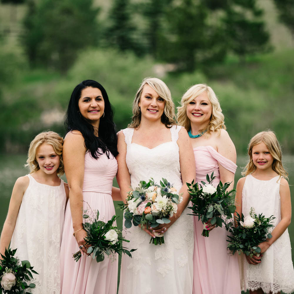 Wedding party photos, spruce mountain ranch wedding planner, summer wedding inspiration, colorado wedding planner, sweetly paired weddings, bride and bridesmaids and flower girls, blush bridesmaids gowns