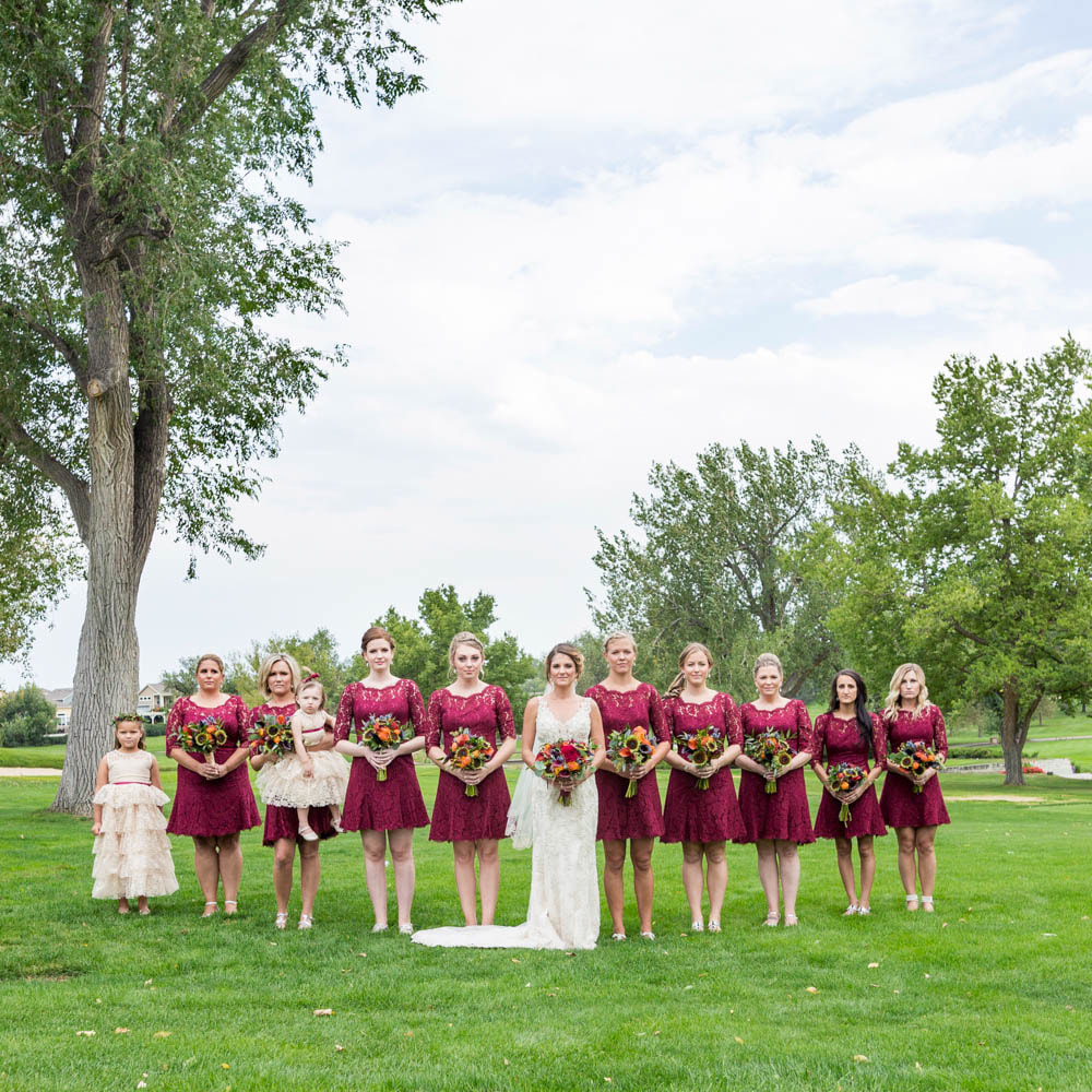 Wedding party photos, lakewood country club wedding planner, summer wedding inspiration, colorado wedding planner, sweetly paired weddings, denver wedding planner, bride and bridesmaids, maroon bridesmaids dresses