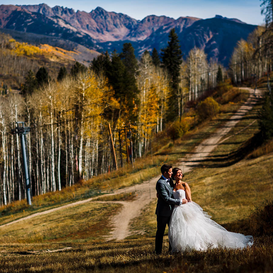 bride and groom on ski trail vail, destination wedding planning, autumn mountain wedding inspiration, vail wedding planning, colorado wedding planner, sweetly paired weddings
