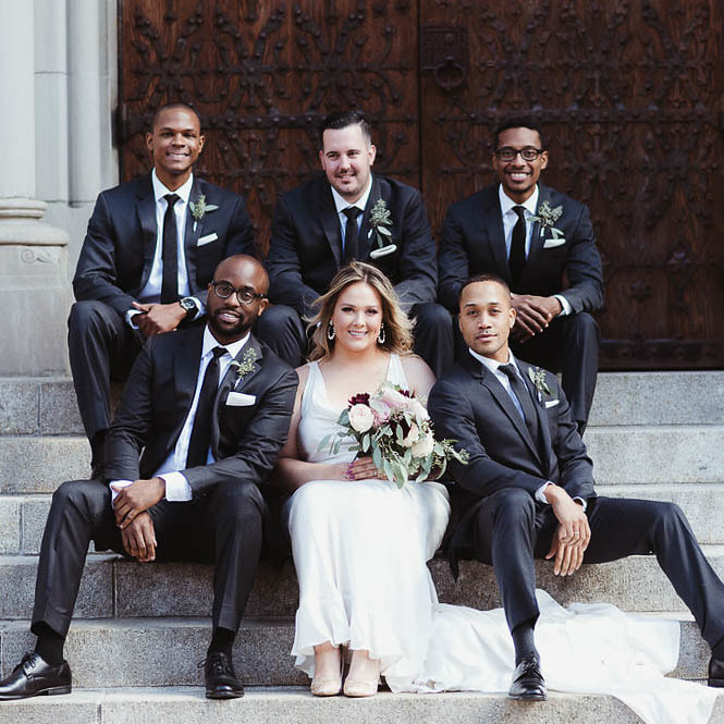 bride and groomsmen on cathedral steps, Wedding party photos, the riverside church, new york city wedding planner, sweetly paired weddings, destination wedding