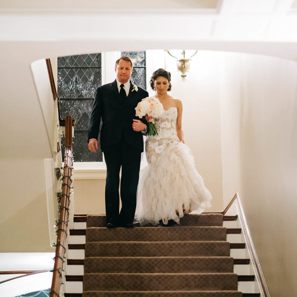 jewish Ceremony, winter wedding, real weddings at grant humphreys mansion, colorado wedding inspiration, sweetly paired denver wedding planner, destination wedding planning, bride and father of the bride processional down staircase