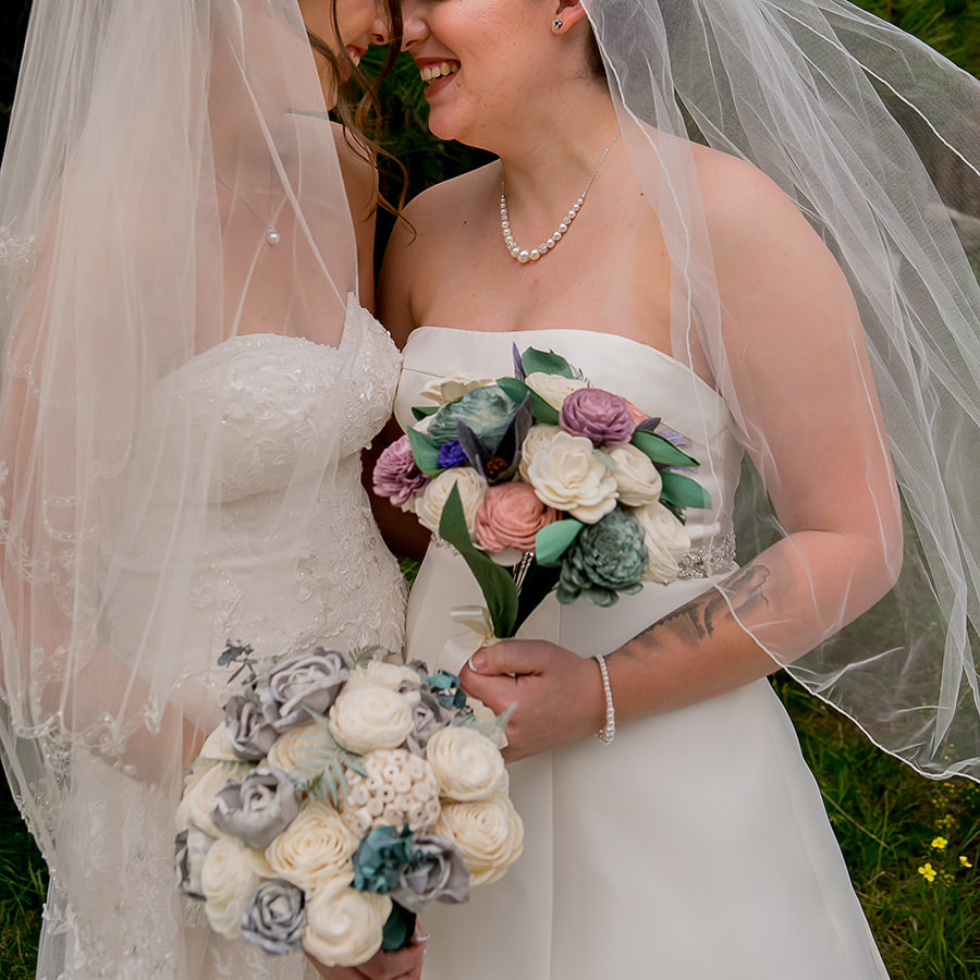 Picturebridal bouquet, same sex wedding, lesbian wedding, wooden bouquet