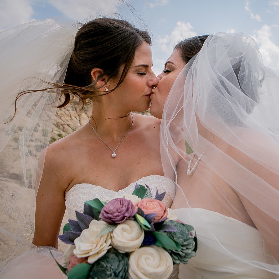 bride and bride portrait, couple kissing, spruce mountain ranch wedding planner, colorado wedding planner, vail wedding planning, mountain wedding inspiration, sweetly paired, lgbt weddings, same sex marriage