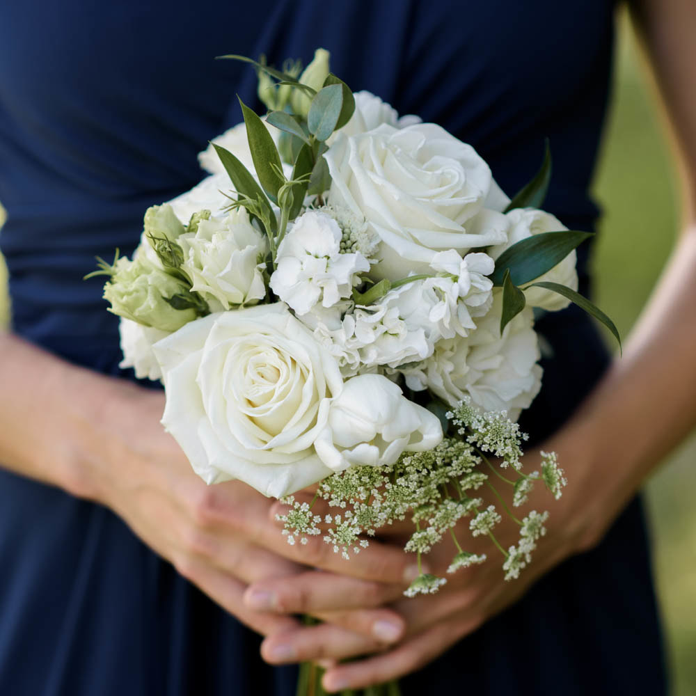 Bridesmaid bouquet, white roses, navy bridesmaid dress, detail photos, wedding day, boulder st. julien, boulder wedding planner, sweetly paired weddings