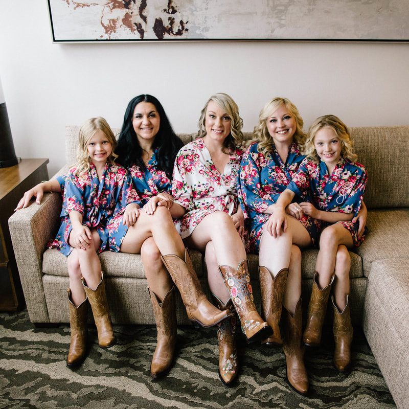 Bride and bridesmaids in floral getting ready robes and cowboy boots, detail photos, denver wedding planner, colorado wedding planner, spruce mountain ranch alberts house