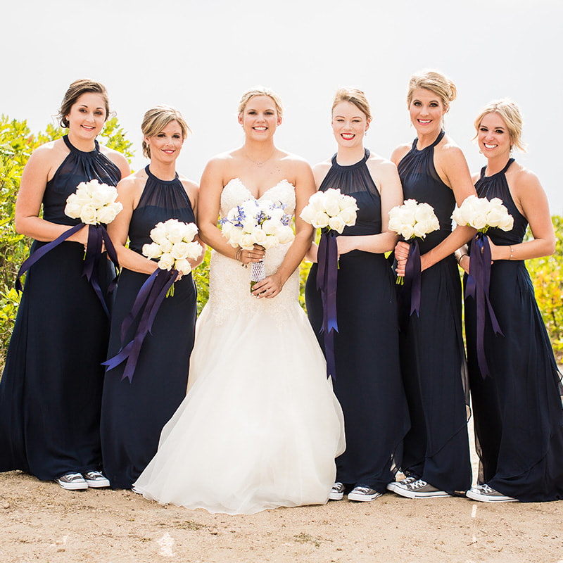 bride and bridesmaids portrait, long navy bridesmaids dresses, white bouquets with navy ribbons, colorado mountain weddings, mountain wedding inspiration, sweetly paired wedding planning