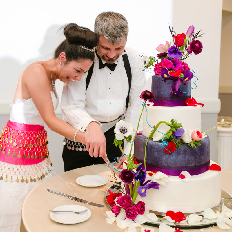 Dessert display, cutting cake, colorful wedding detail photos, chateaux at fox meadows wedding, colorado wedding inspiration, denver wedding planner