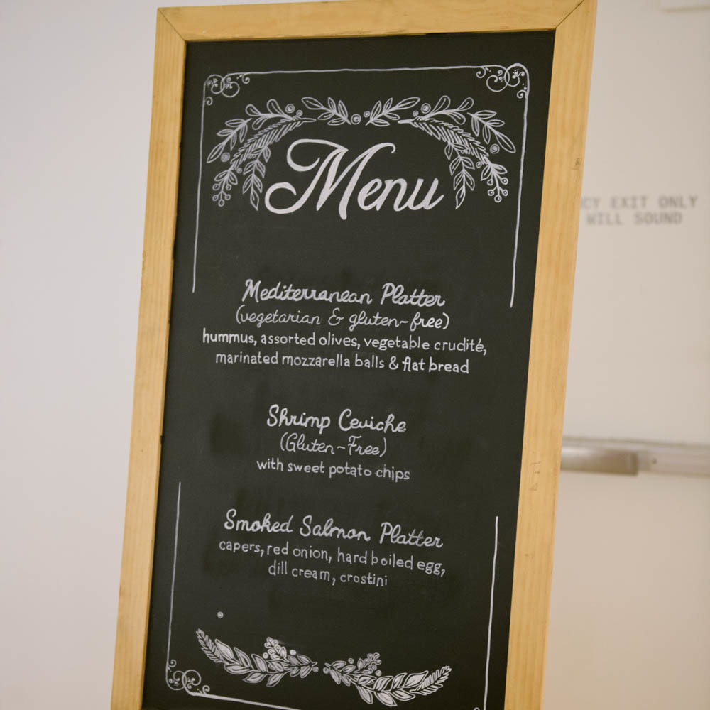 chalkboard menu board, Reception decor, detail photos, cocktail hour appetizers, boulder wedding planner, colorado wedding inspiration, boulder museum of contemporary art weddings, sweetly paired wedding planning