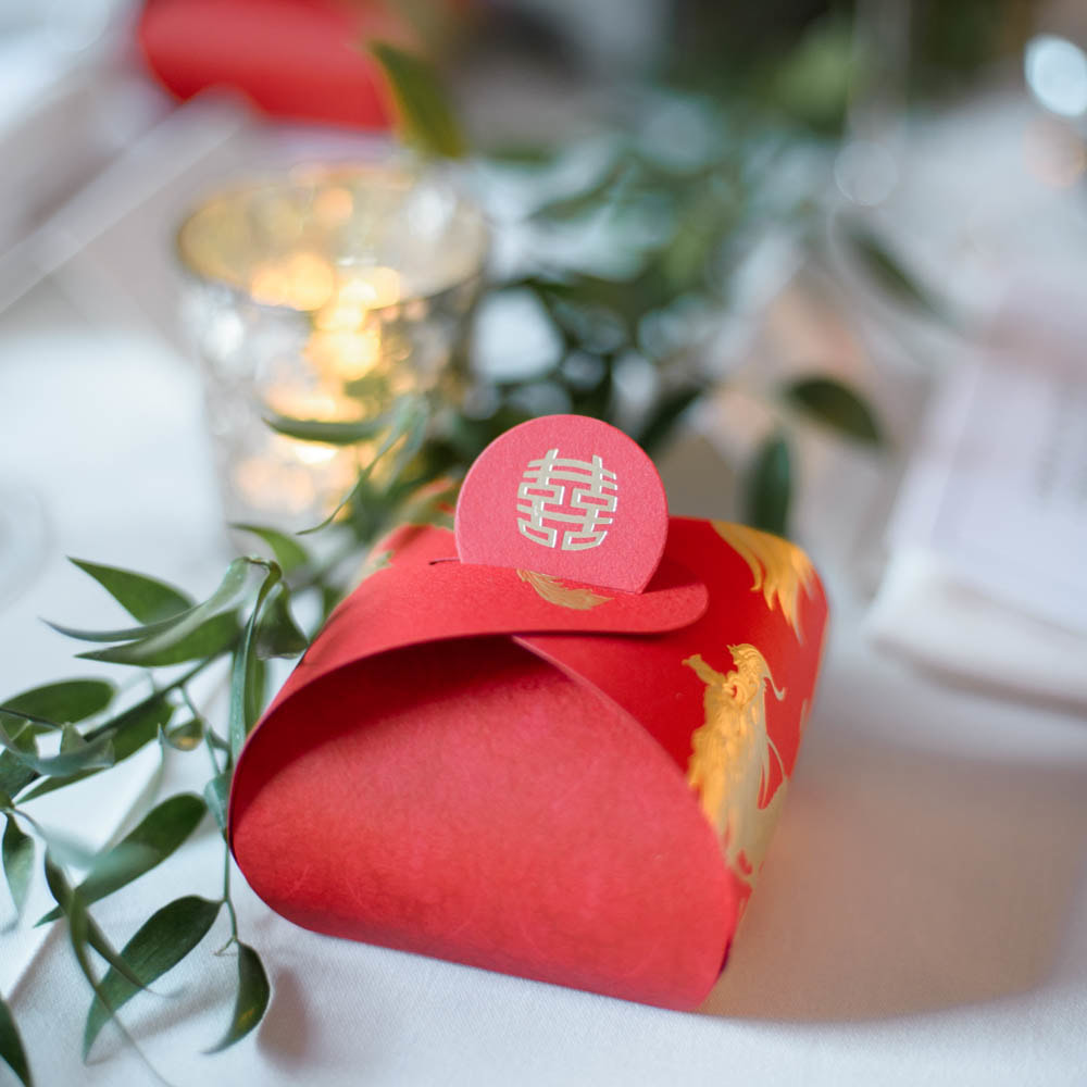 Reception venue, reception decor, table settings, chinese american wedding inspiration, boulder wedding planner, colorado wedding inspiration, boulder museum of contemporary art weddings, sweetly paired wedding planning, red paper chinese candy box, guest favors