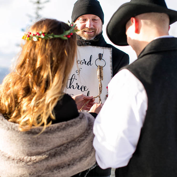 cord tying ceremony, Winter park resort mountaintop elopement ceremony venue, mountain wedding planner, winter wedding inspiration, sweetly paired wedding planning, destination wedding planners