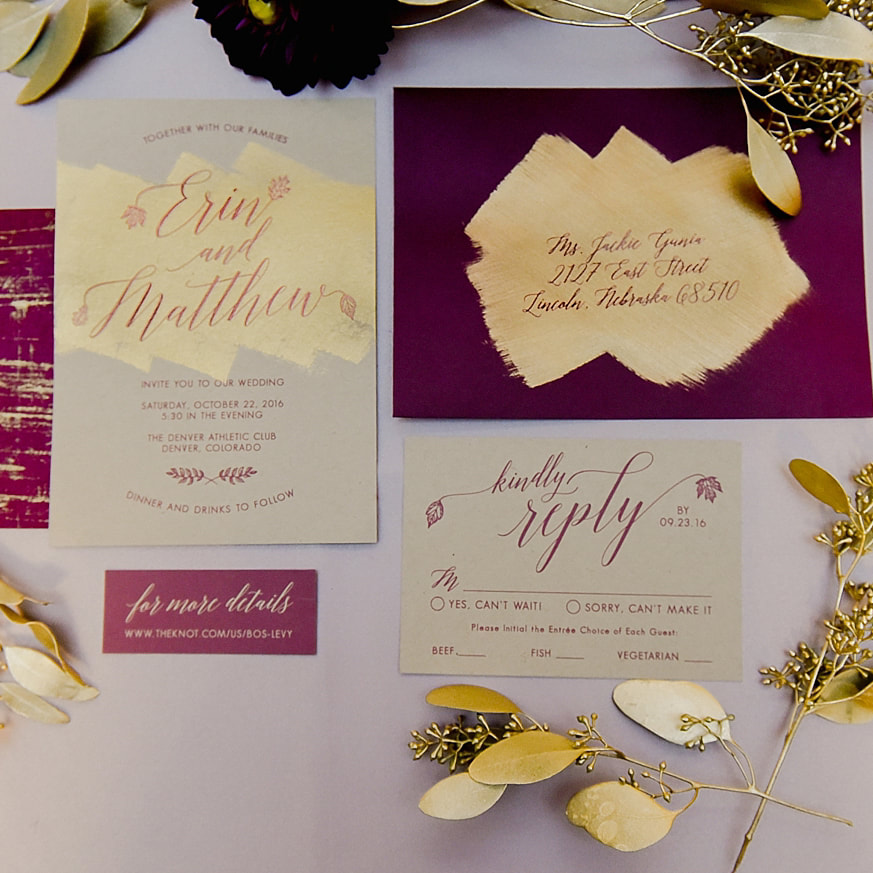 invitation suite, gold and purple and cream wedding colors, detail photos, denver wedding planner, colorado wedding inspiration, denver athletic club weddings, sweetly paired wedding planning