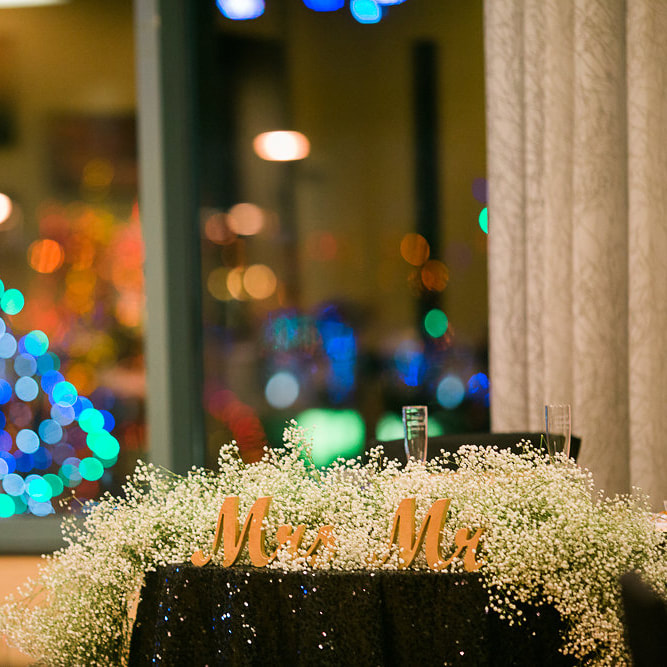 westin tabor center wedding reception, winter wedding inspiration, sweetheart table with mr and mrs signs, denver wedding planning, sweetly paired wedding planners