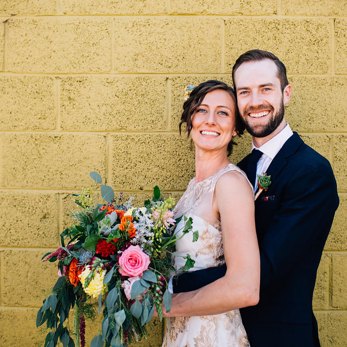 Bride and groom portrait, denver wedding planner, colorado wedding planner, real weddings, sweetly paired, yellow brick wall
