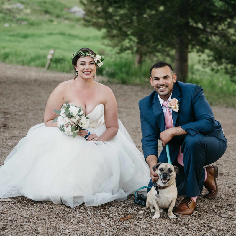 bride and groom portrait with dog, dogs at weddings, dog ring bearer, piney river ranch wedding, sweetly paired wedding planner, colorado wedding planning, mountain wedding inspiration
