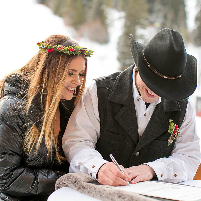 signing marriage license, Winter park elopement wedding venue, best colorado wedding planner, mountain wedding planner, winter wedding inspiration, sweetly paired weddings