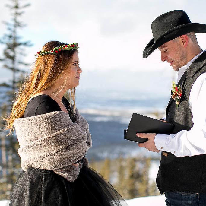 exchanging vows, Winter park resort mountaintop elopement ceremony venue, mountain wedding planner, winter wedding inspiration, sweetly paired wedding planning, destination wedding planners