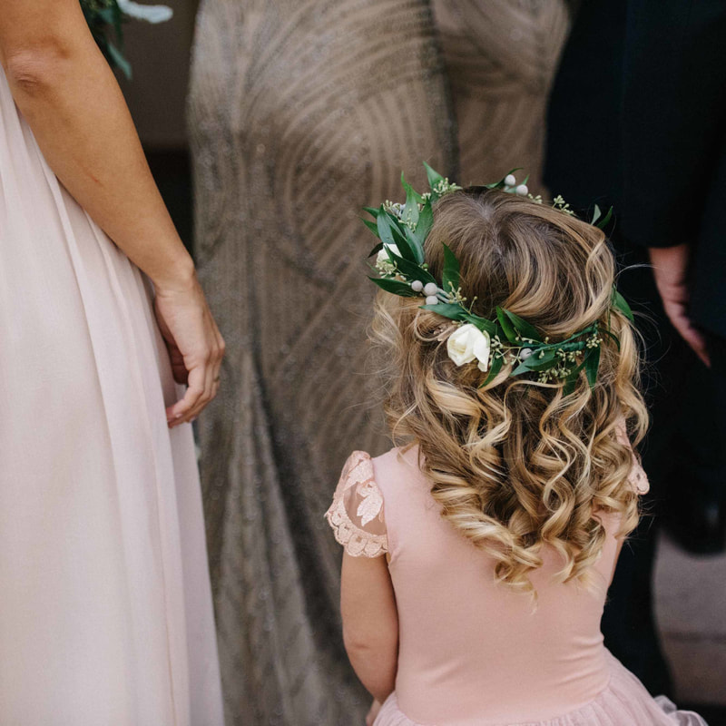 flower girl in pink dress and flower crown, real wedding moments, colorado mountain wedding, beaver creek wedding planning