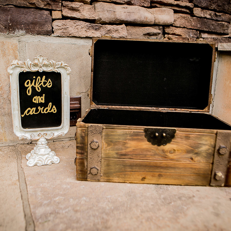 wooden card box with chalkboard sign, reception detail photos, spruce mountain ranch, real weddings, mountain weddings, colorado wedding planner, rustic barn wedding planning