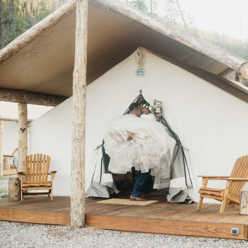 bride and groom outside tent at piney river ranch, glamping wedding, mountain wedding inspiration, vail wedding planners, sweetly paired weddings