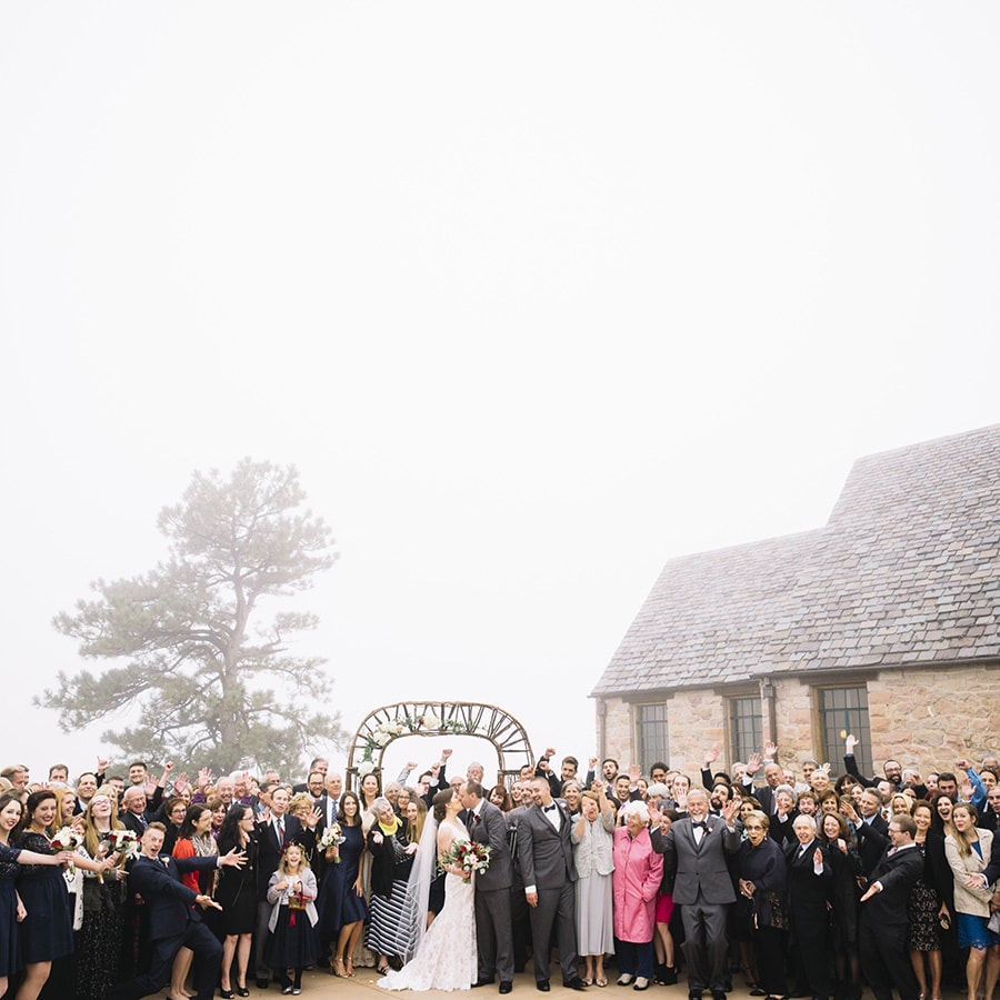 outdoor ceremony location, all guests group photo, colorado mountain weddings, cherokee ranch wedding inspiration, sweetly paired wedding planner
