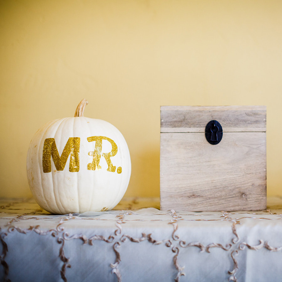 white pumpkin with gold writing, mr sign, wooden card box, reception details, autumn wedding inspiration, mountain wedding planner, vail wedding planner, colorado real weddings, sweetly paired