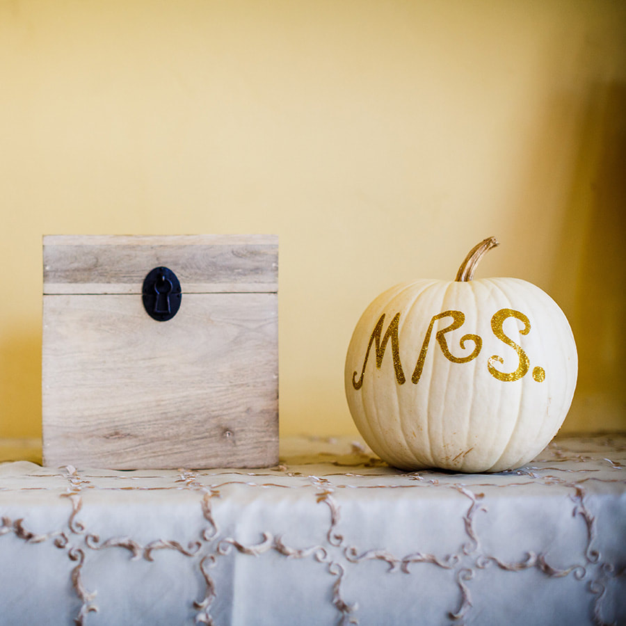 white pumpkin with gold writing, mrs sign, wooden card box, reception details, autumn wedding inspiration, mountain wedding planner, vail wedding planner, colorado real weddings, sweetly paired