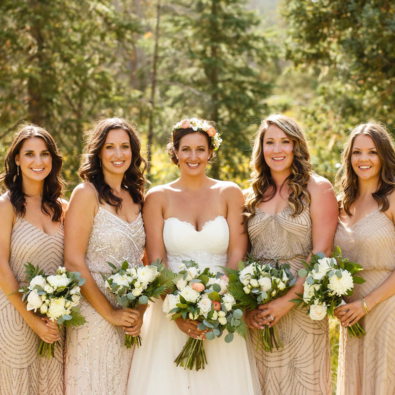 wedding mountain inspiration, beaver creek wedding planner, vail wedding planning, sweetly paired weddings, long sequin bridesmaid dresses, bride and bridesmaids formal portrait, bridal party bouquets