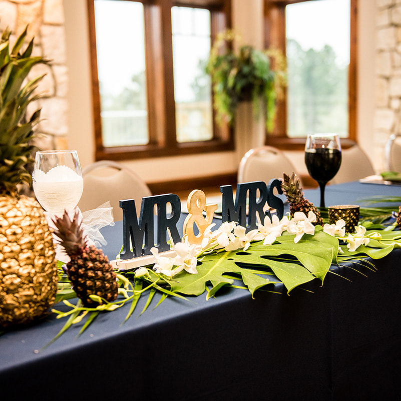 cielo at castle pines reception details, head table, gold and navy wedding colors, gold pineapple decor, real weddings, mountain wedding planning, colorado wedding inspiration
