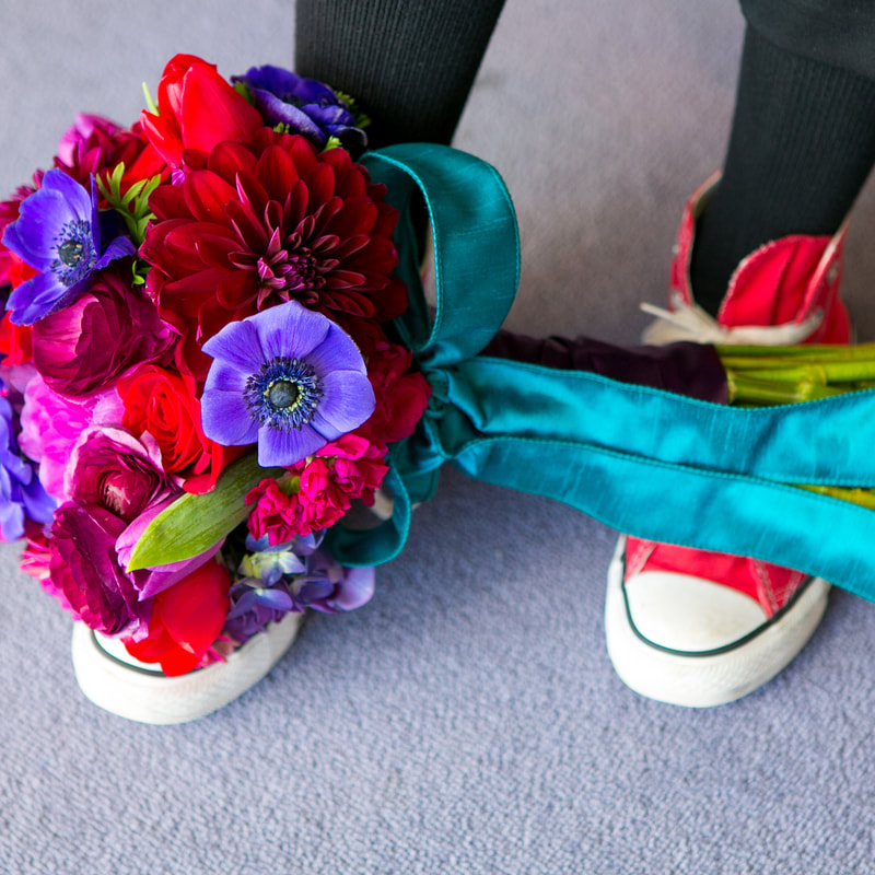 Bridal bouquet and red converse sneakers, denver wedding planner, colorado wedding planner, chateaux at fox meadow weddings, sweetly paired, bold colors wedding inspiration