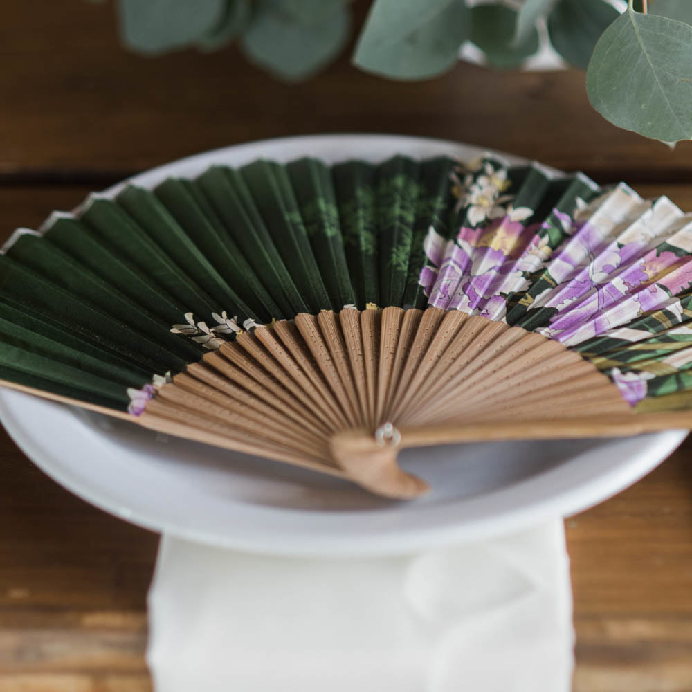 Reception decor, traditional taiwanese wedding details, table setting with asian fan, mountain wedding planner, colorado wedding inspiration, sweetly paired wedding planning, piney river ranch wedding
