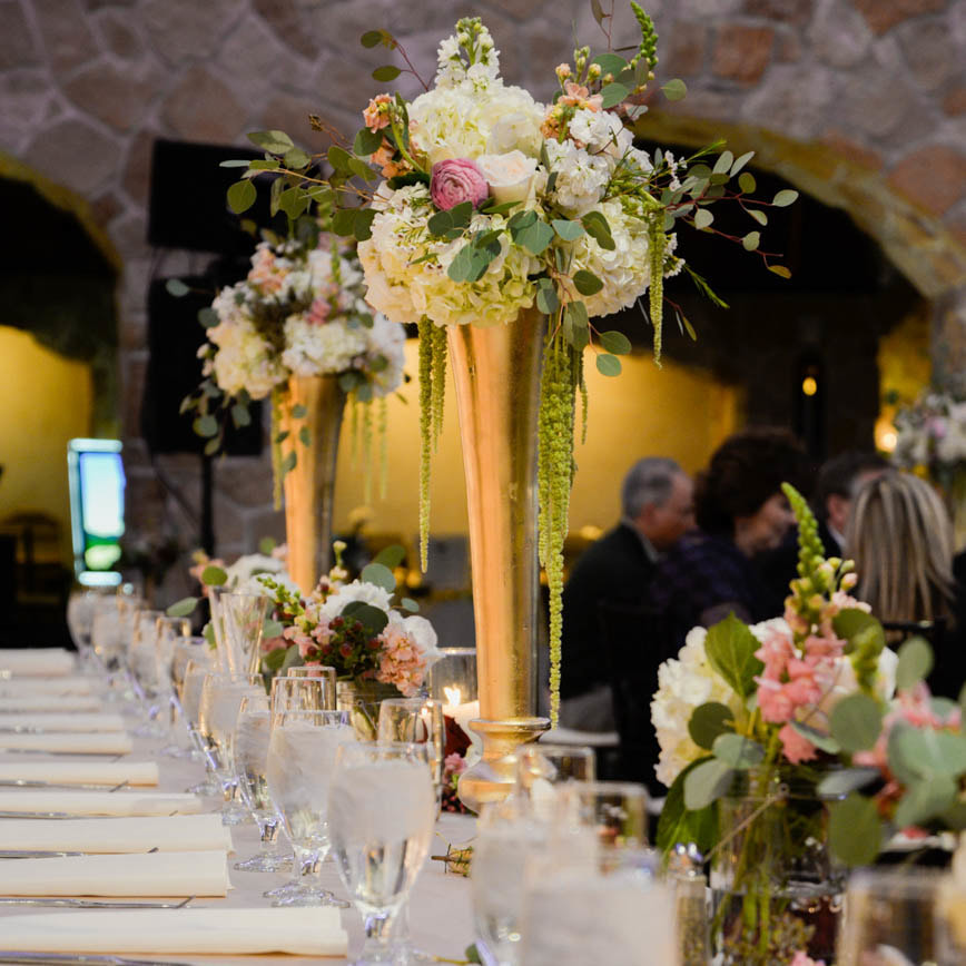 Tall floral Centerpieces in gold vases, reception detail photos at baldoria on the water, denver wedding planning, colorado wedding planner, destination wedding planner, sweetly paired