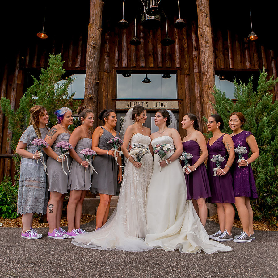 purple and silver wedding colors, wedding party portraits, colorado mountain weddings, real wedding inspiration, spruce mountain ranch wedding planner