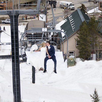 Bride and groom riding chairlift, mountain wedding planner, colorado wedding planner, real weddings, sweetly paired, winter wedding inspiration, destination wedding planner
